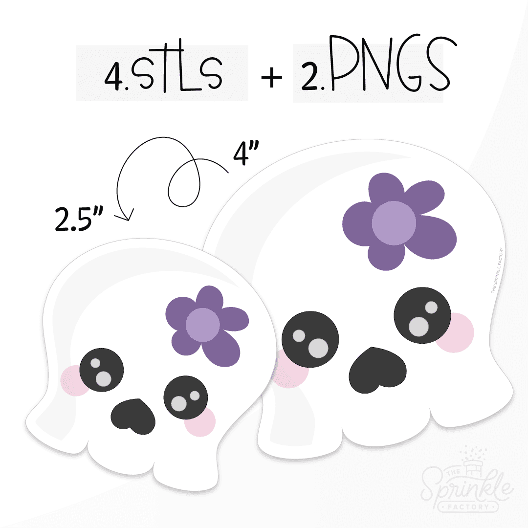 Clipart of a cute white skull with black heart shaped nose and purple flower.