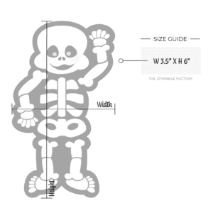 Clipart of a white skeleton with an offset black background with size guide.
