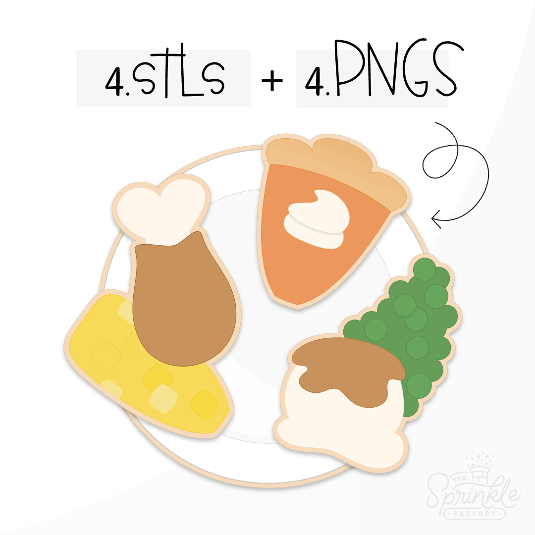 Clipart of a white thanksgiving plate with yellow corn, brown turkey leg, orange pumpkin pie, green peas and potatoes with brown gravy.