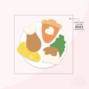 Clipart of a white thanksgiving plate with yellow corn, brown turkey leg, orange pumpkin pie, green peas and potatoes with brown gravy.
