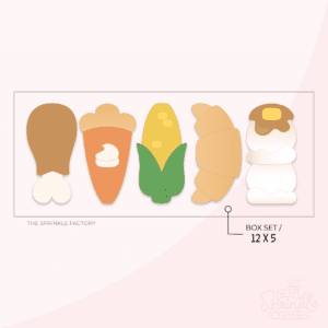 Digital image of a skinny brown turkey leg, an orange skinny pumpkin pie slice, skinny yellow and green corn, skinny golden croissant and a skinny double stack of white mashed potatoes with brown gravy.