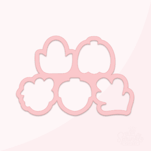 Digital image of a pink multi cookie cutter in the shapes of a corn, pumpkin, turkey, acorn and leaf.