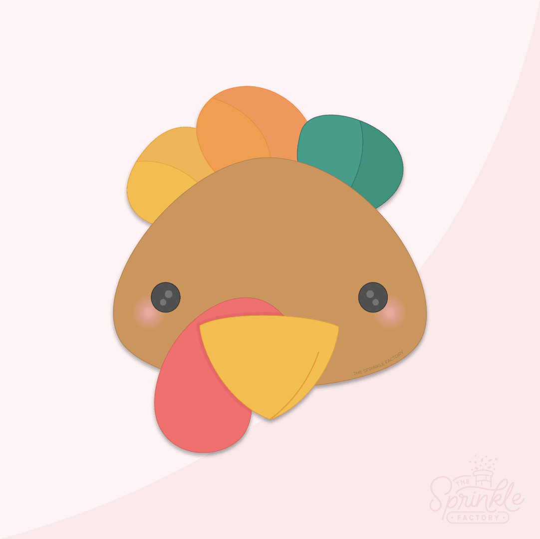 Clipart of a brown turkey head with a yellow beak, yellow orange and green head feathers.