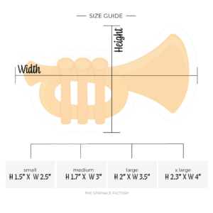 Clipart of a gold trumpet with size guide below.