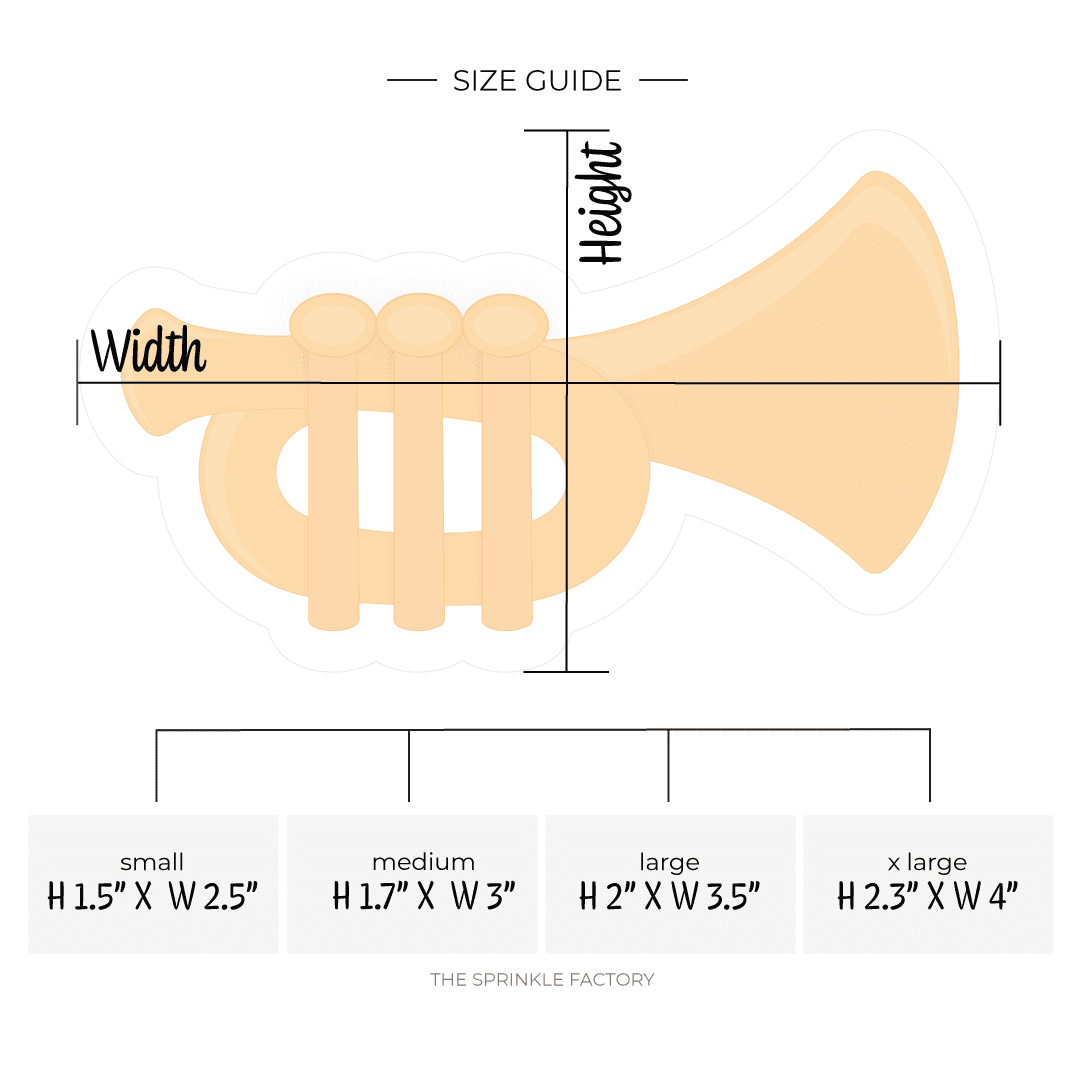 Clipart of a gold trumpet with size guide below.