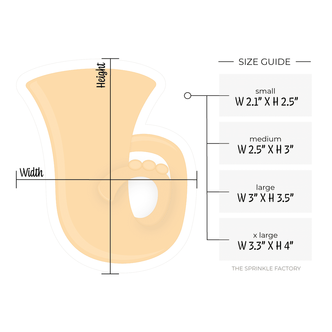 Clipart of a gold tuba with size guide.