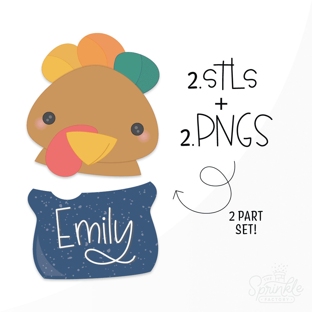 Clipart of a brown turkey head with a yellow beak, yellow orange and green head feathers with a blue pot below with white speckles and the name Emily on it in white.