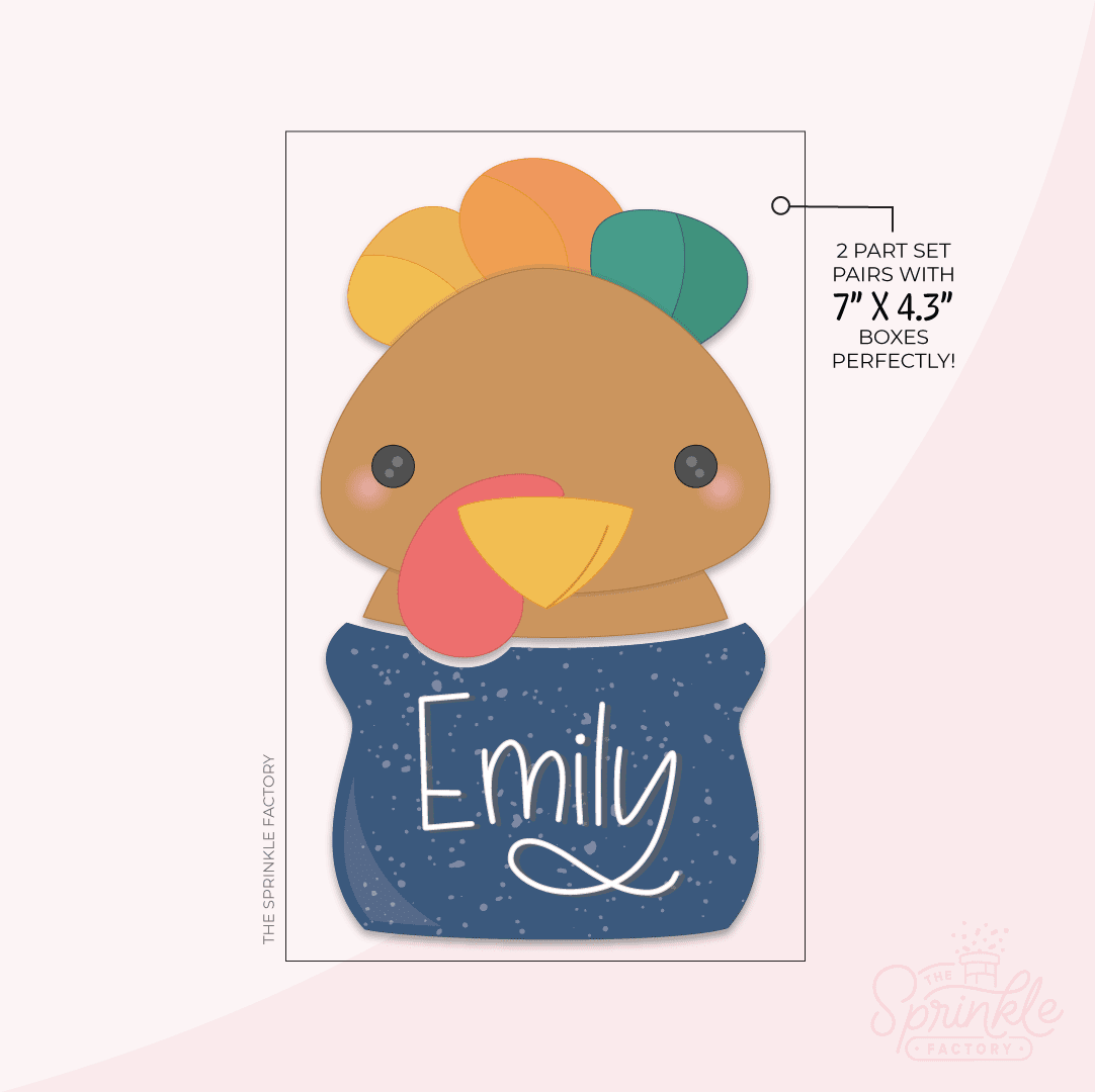 Clipart of a brown turkey head with a yellow beak, yellow orange and green head feathers with a blue pot below with white speckles and the name Emily on it in white.