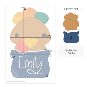 Clipart of a brown turkey head with a yellow beak, yellow orange and green head feathers with a blue pot below with white speckles and the name Emily on it in white with size guide.