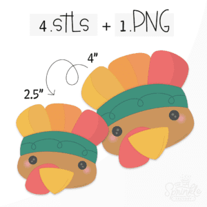 Clipart of a brown turkey face with yellow beak wearing an Indian headdress with a green band and yellow orange and red feathers.