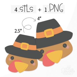 Clipart of a brown turkey with yellow beak wearing a black pilgrim hat with orange band and yellow buckle.
