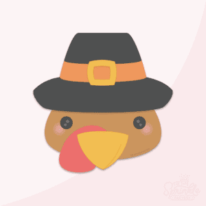 Clipart of a brown turkey with yellow beak wearing a black pilgrim hat with orange band and yellow buckle.