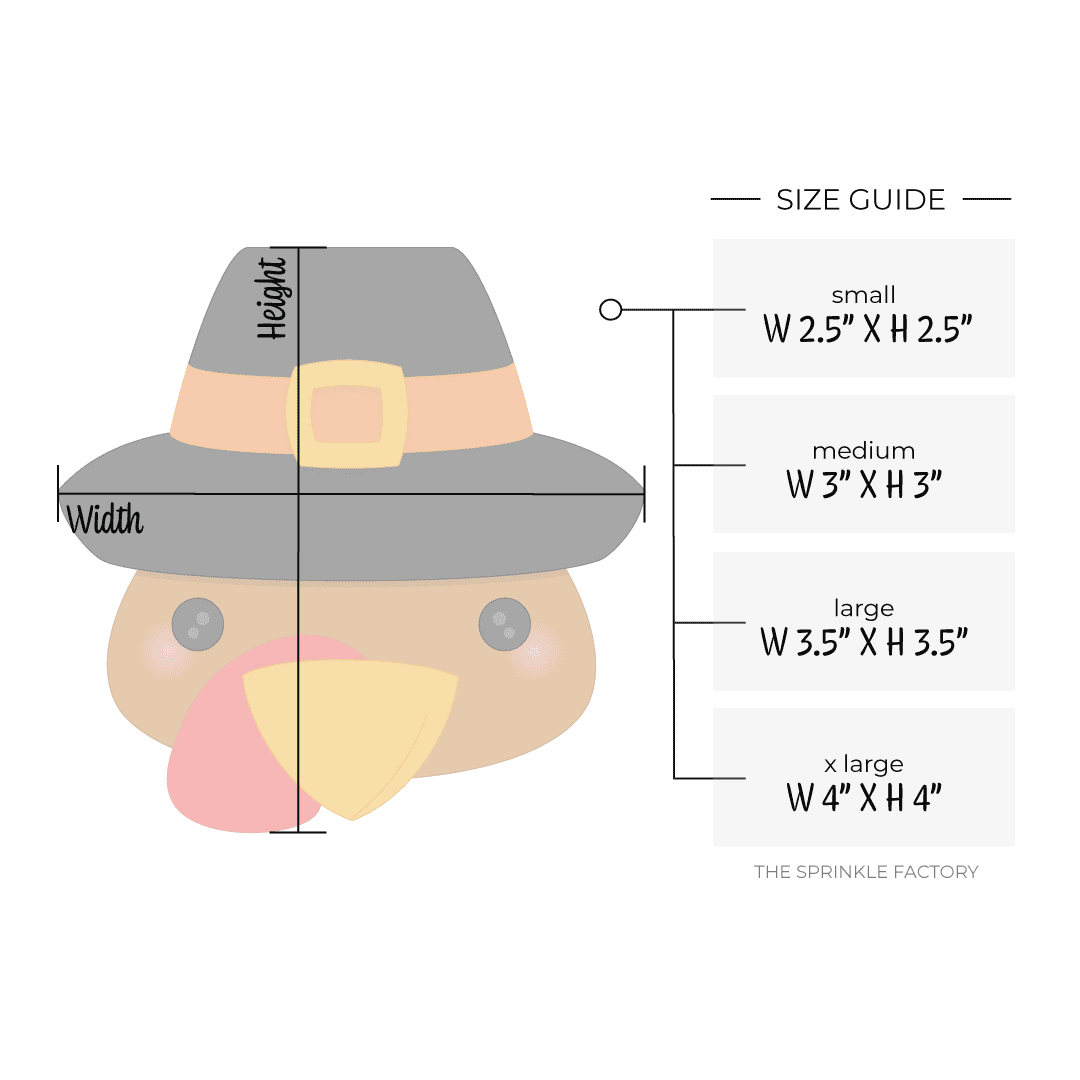 Clipart of a brown turkey with yellow beak wearing a black pilgrim hat with orange band and yellow buckle with size guide.