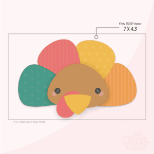 Clipart of a 5 piece turkey set with one brown turkey head with yellow beak and 4 feather pieces in green, red, yellow and orange.