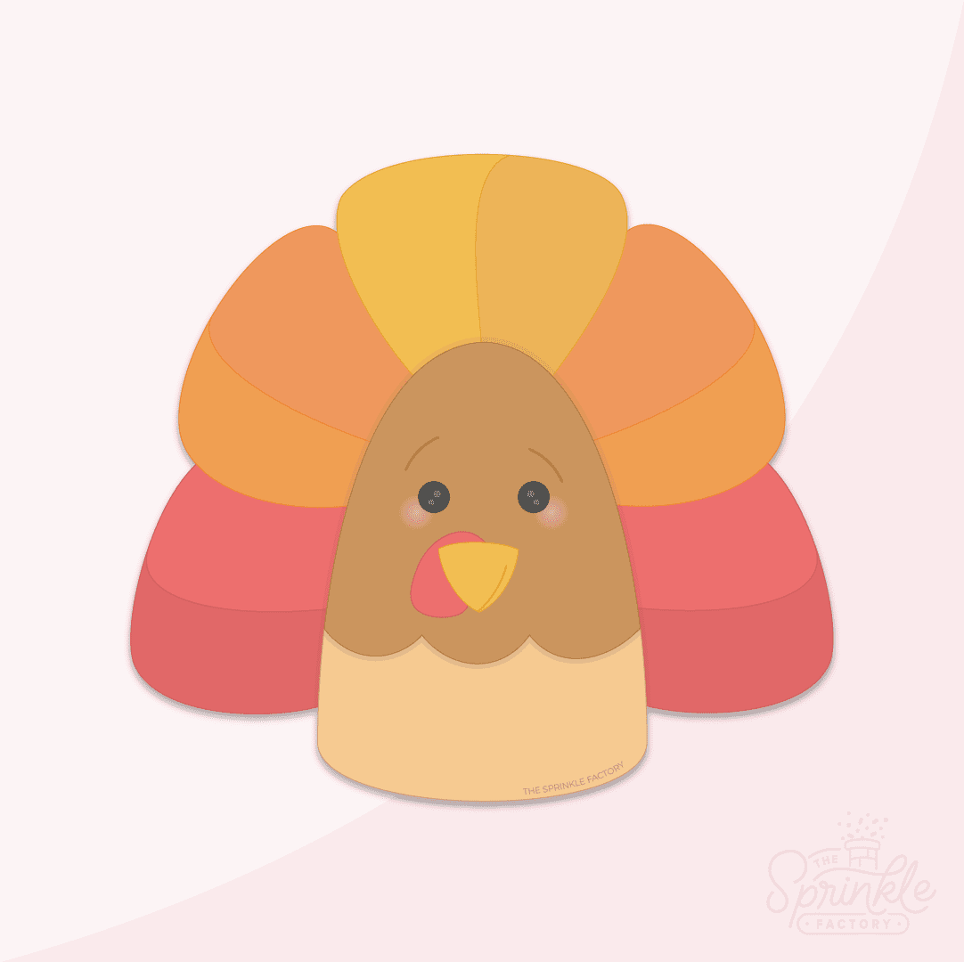 Clipart of a round bottom two toned brown turkey with big feathers in red, orange and yellow.