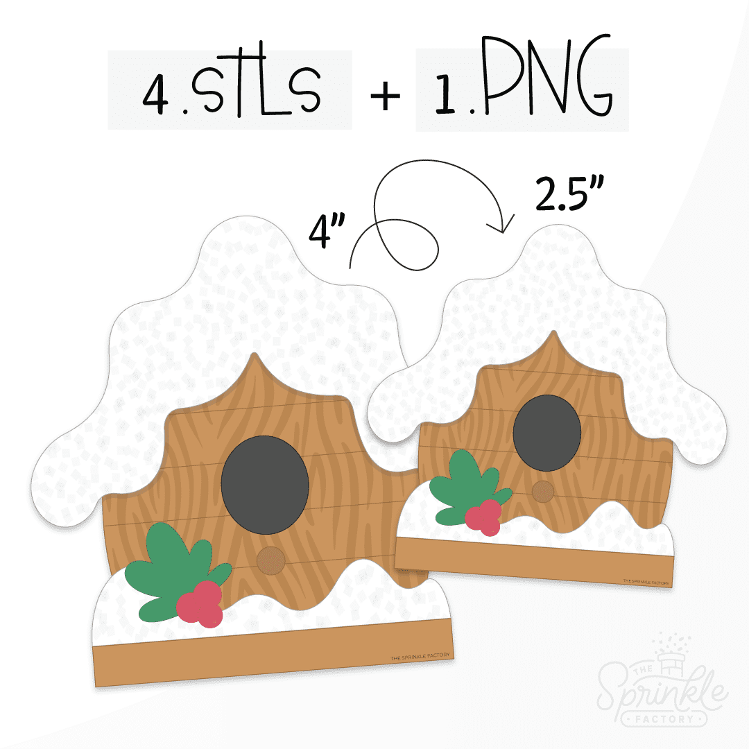 Clipart of a brown wood bird house with wood grain, white snow covered roof and holly leaf by perch.