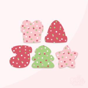 Clipart of frosted crackers in christmas shapes. Pink present, red elf hat, red stocking, green tree and pink star all with pink, red, white and green sprinkles.