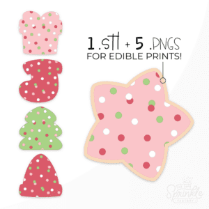 Clipart of frosted crackers in christmas shapes. Pink present, red elf hat, red stocking, green tree and pink star all with pink, red, white and green sprinkles.