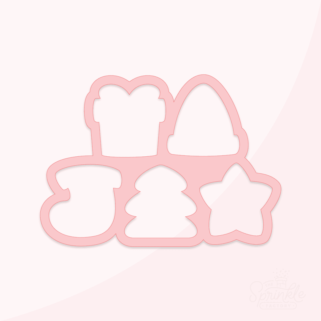 Clipart of a pink multi cookie cutter of christmas shapes including present, elf hat, stocking, tree and star.