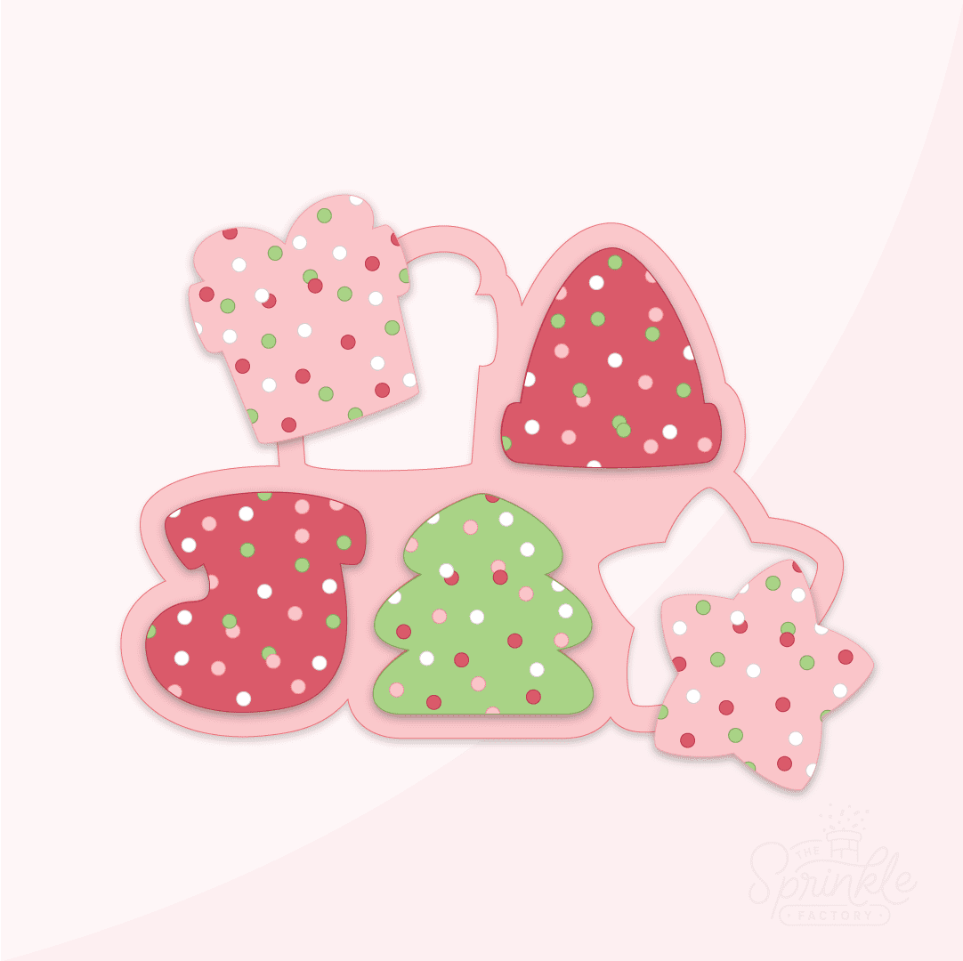 Clipart of frosted crackers in christmas shapes. Pink present, red elf hat, red stocking, green tree and pink star all with pink, red, white and green sprinkles with pink cookie cutter behind.