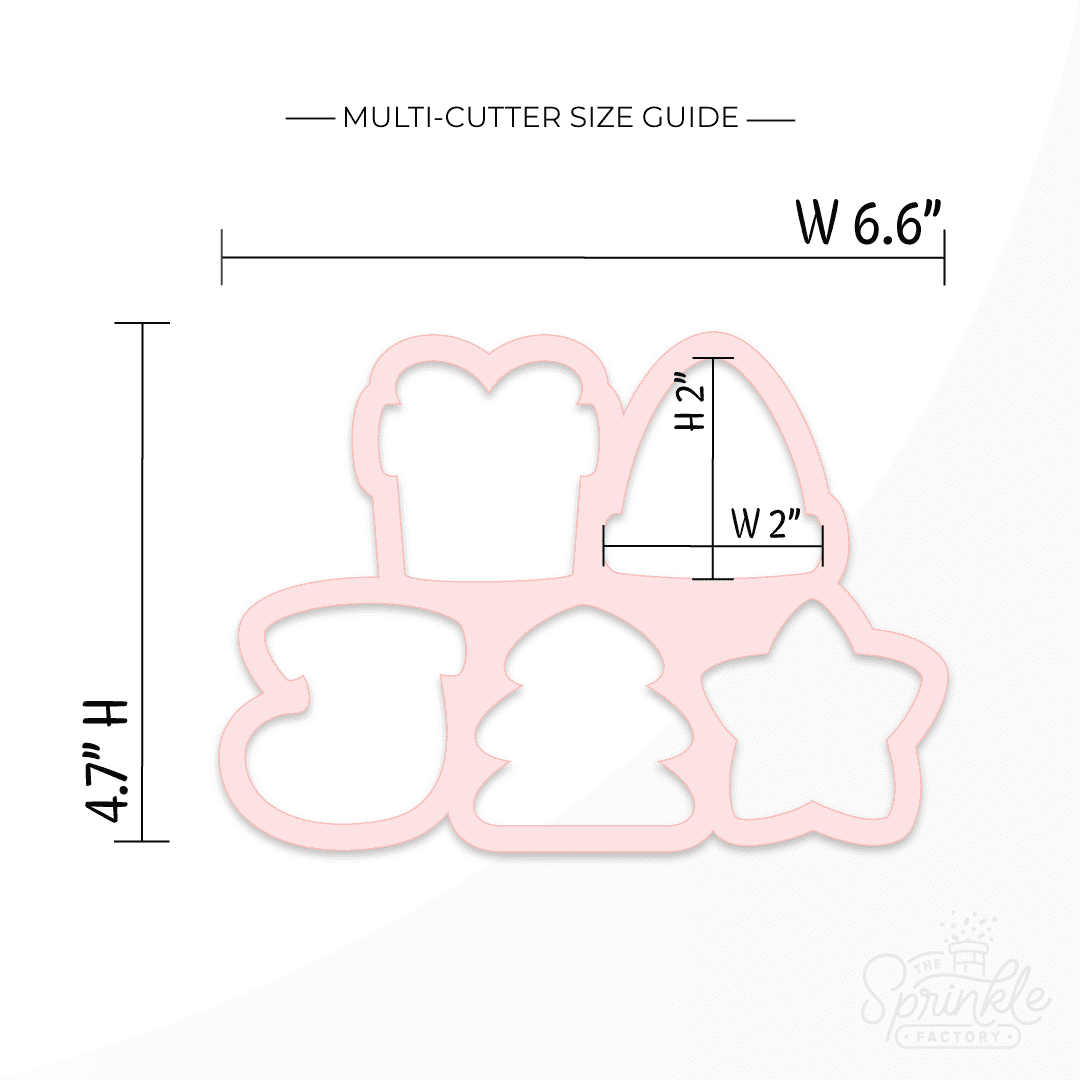 Clipart of a pink multi cookie cutter of christmas shapes including present, elf hat, stocking, tree and star with size guide.