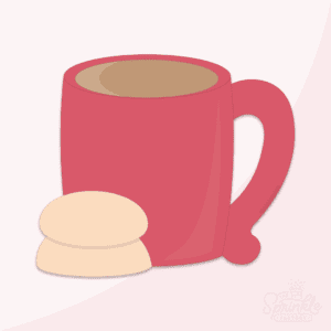 Clipart of a red mug with brown hot cocoa in it with 2 cream colored cookies stacked to the bottom left.