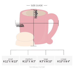 Clipart of a red mug with brown hot cocoa in it with 2 cream colored cookies stacked to the bottom left with size guide below.