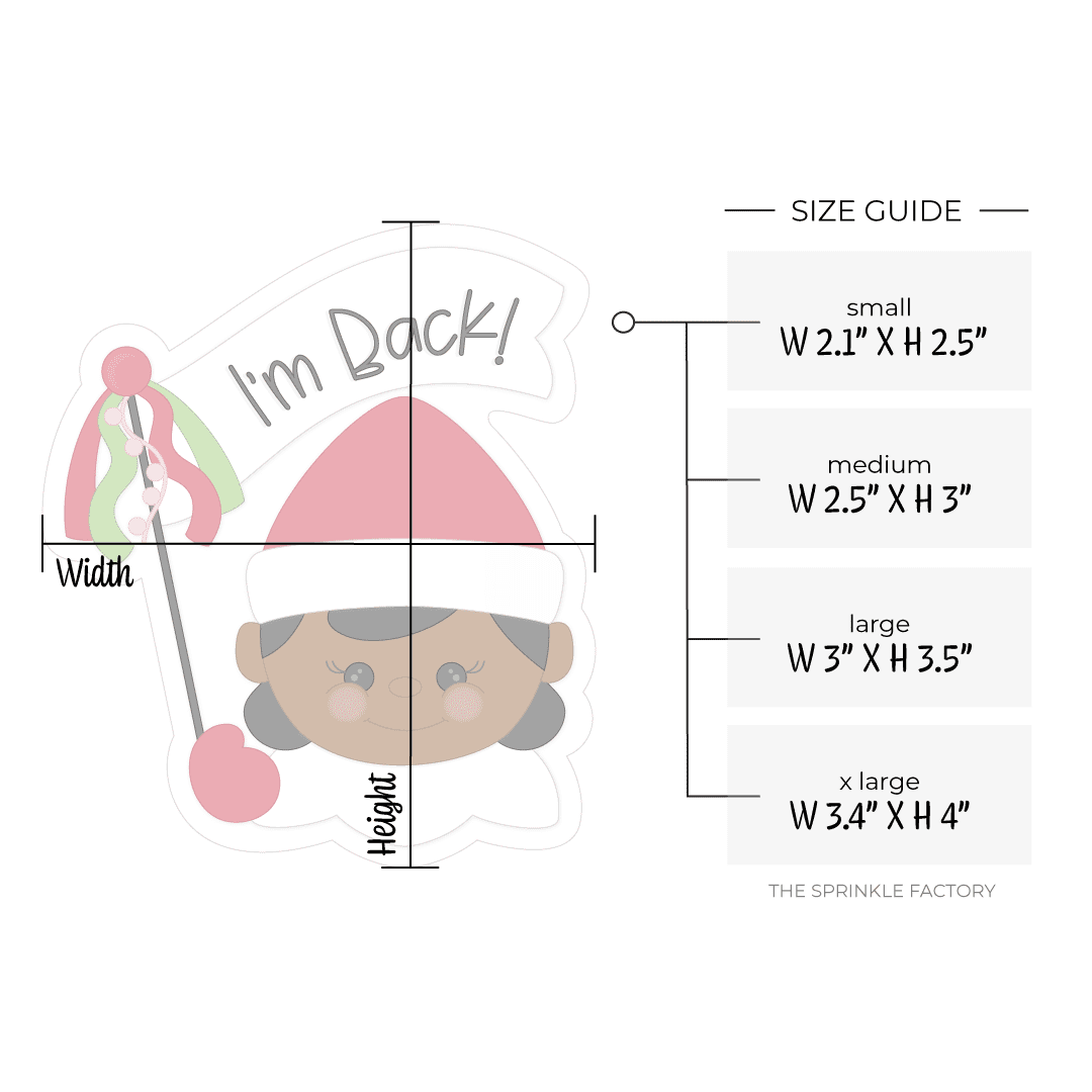 Clipart of a girl elf head with red hat and white collar holding a white flag with red and green accents and the words I'm Back on the flag in black with size guide.