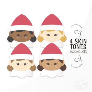 Clipart of 4 girl elf heads with red hats and white collars in 4 different skin tones.