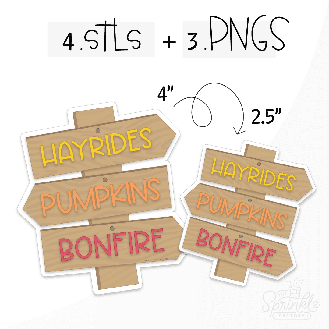 Clipart of a brown wood sign with 3 arrows with the words HAYRIDES in yellow on the top one pointing right, PUMPKINS in orange on the middle pointing left and BONFIRE in red on the bottom pointing right.