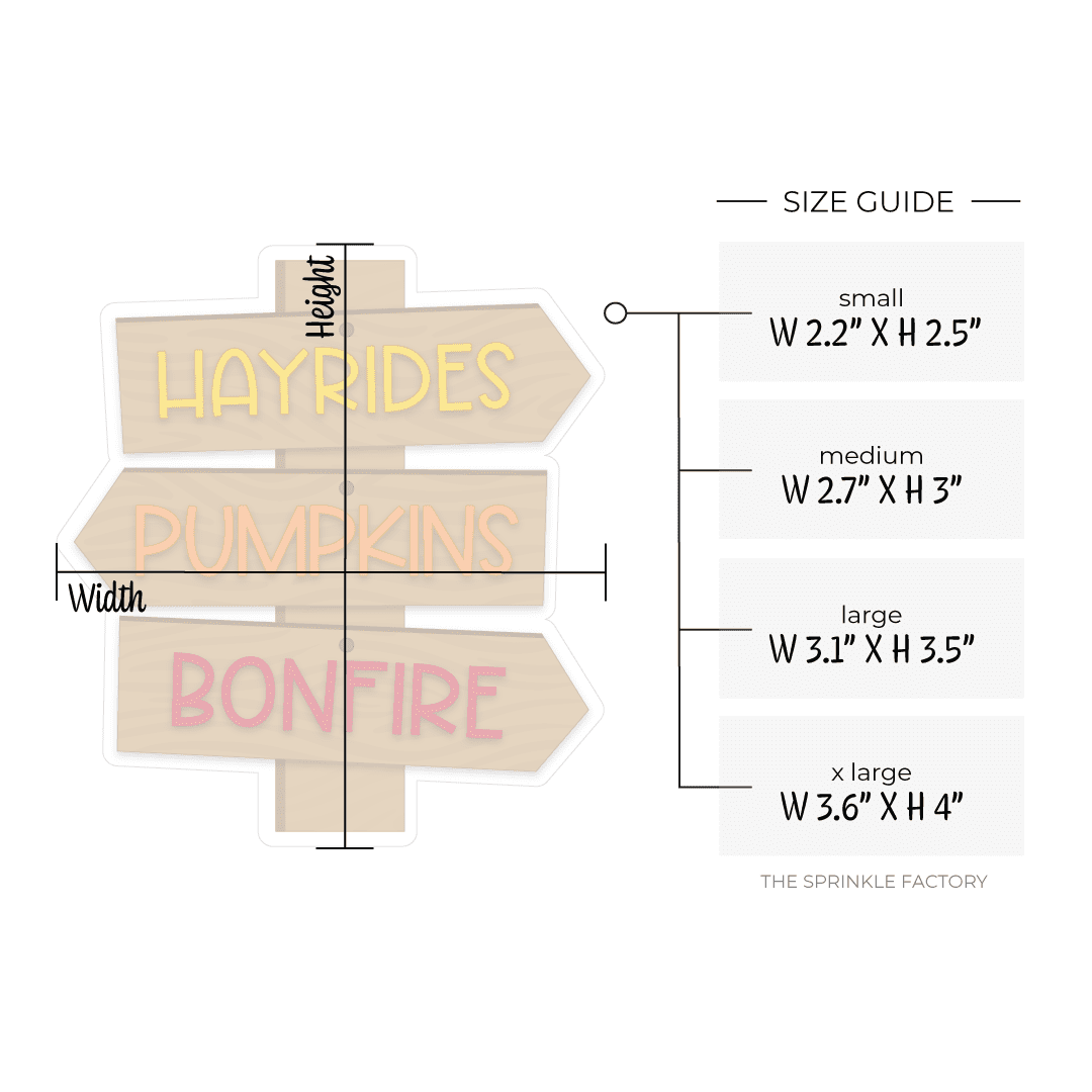 Clipart of a brown wood sign with 3 arrows with the words HAYRIDES in yellow on the top one pointing right, PUMPKINS in orange on the middle pointing left and BONFIRE in red on the bottom pointing right with size guide.