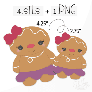 Clipart of a brown gingerbread girl with purple skirt, red bow on her head, red nose and white swirl details on her head, neck and arms.