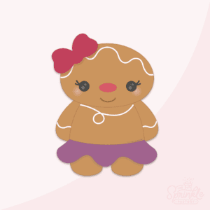 Clipart of a brown gingerbread girl with purple skirt, red bow on her head, red nose and white swirl details on her head, neck and arms.