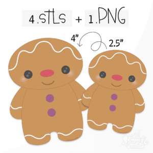 Clipart of a brown gingerbread boy with purple gumdrop buttons and white swirl details on his head, arms and legs.