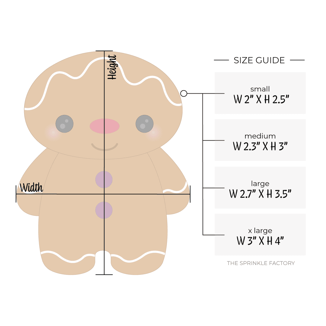 Clipart of a brown gingerbread boy with purple gumdrop buttons and white swirl details on his head, arms and legs with size guide.