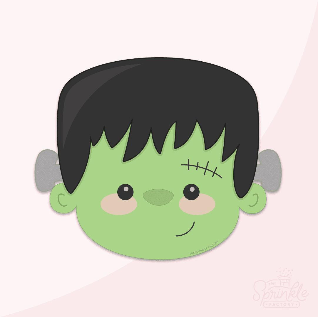 Clipart of a green Frankenstein face with black hair and grey bolts above his ears and black stitches above his right eye.