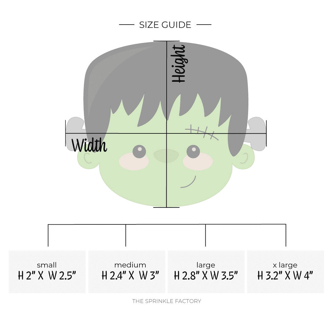 Clipart of a green Frankenstein face with black hair and grey bolts above his ears and black stitches above his right eye with size guide below.