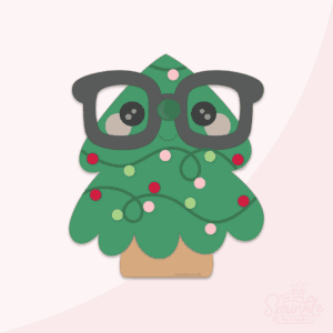 Clipart of a green Christmas tree with round red pink and green lights on a black strand with a green nose, black eyes, pink cheeks and big black nerdy glasses.