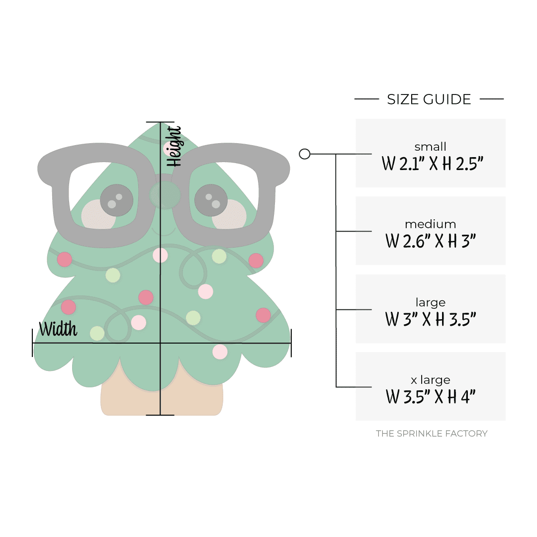 Clipart of a green Christmas tree with round red pink and green lights on a black strand with a green nose, black eyes, pink cheeks and big black nerdy glasses and size guide to the right.