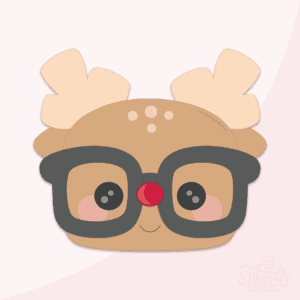 Clipart of a brown reindeer head with beige antlers, little red nose and big black nerdy glasses.