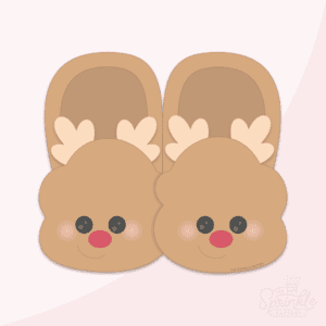 Clipart of a pair of brown reindeer slippers with beige antlers and a red nose.