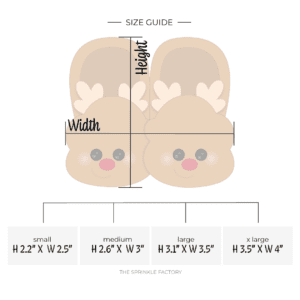 Clipart of a pair of brown reindeer slippers with beige antlers and a red nose with size guide below.
