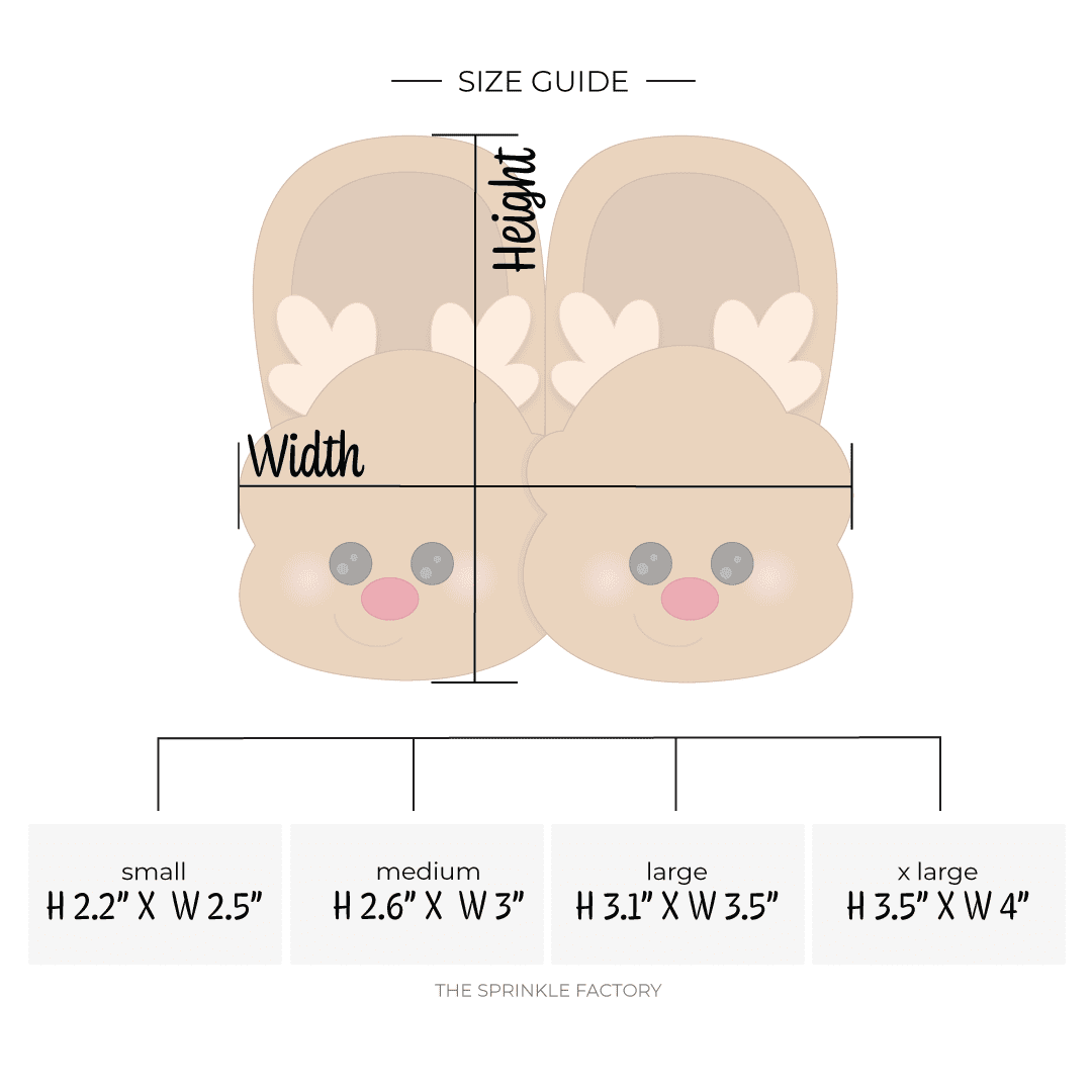 Clipart of a pair of brown reindeer slippers with beige antlers and a red nose with size guide below.