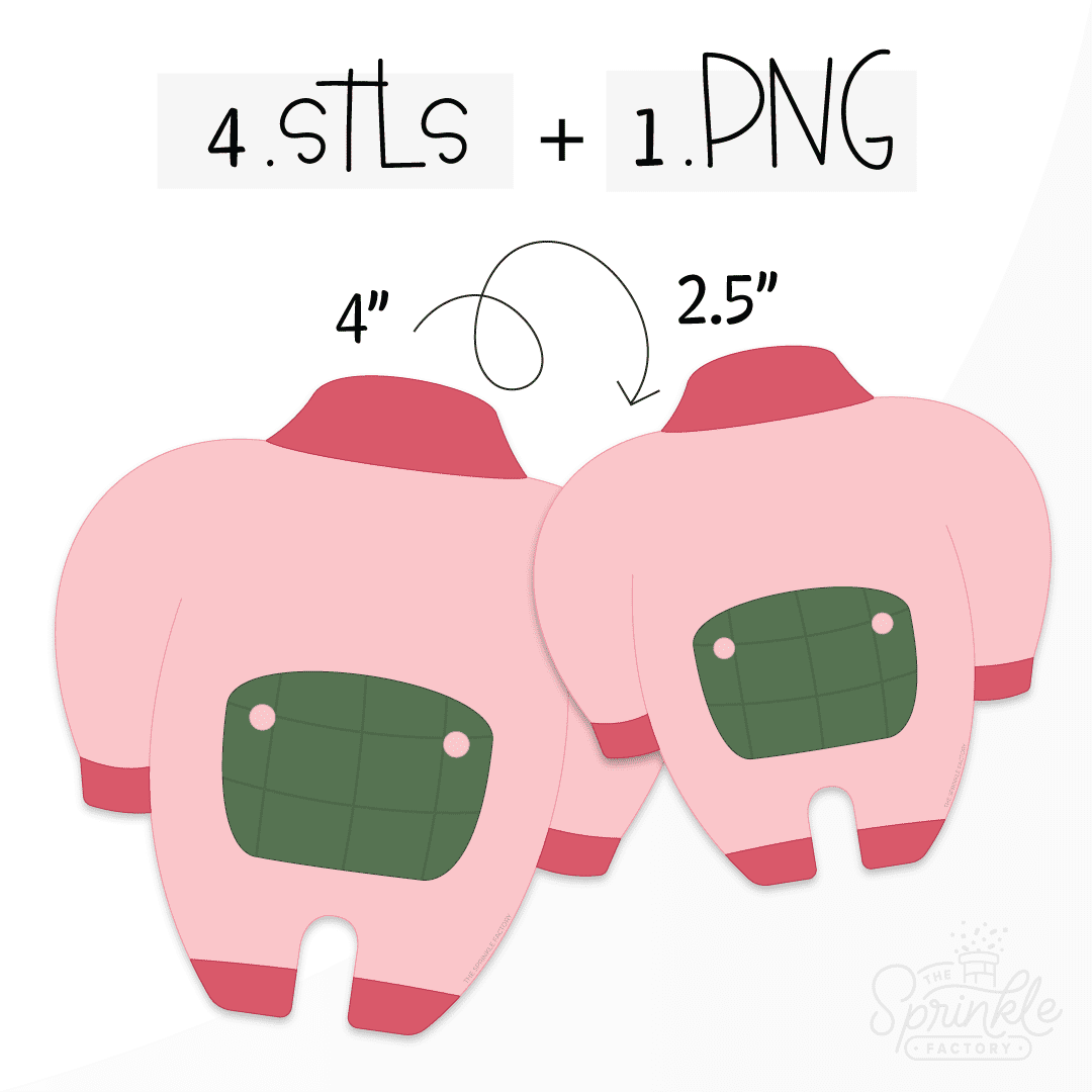 Clipart of pink footless pajamas with red collar and a green bum pocket with two beige buttons.