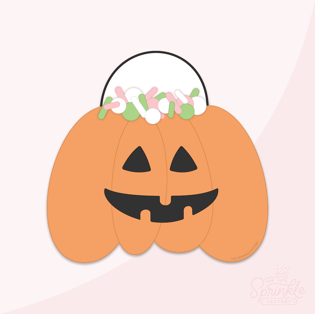 Clipart of an orange pumpkin pain with a black face, black handle and green, pink and white sprinkles in the top.