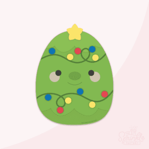 Clipart of a green squishmallow christmas tree with yellow star on top with yellow red and blue decorations.