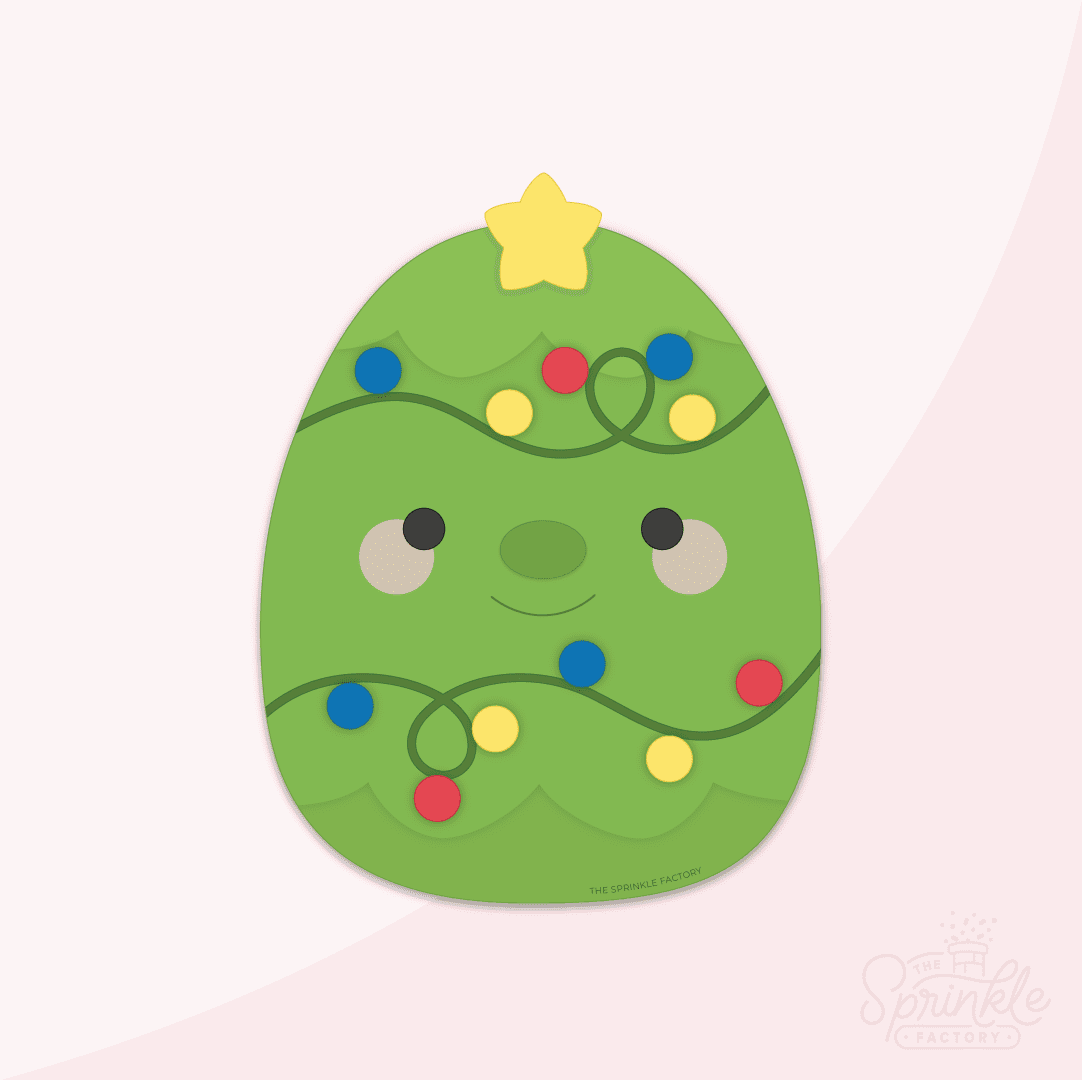 Clipart of a green squishmallow christmas tree with yellow star on top with yellow red and blue decorations.
