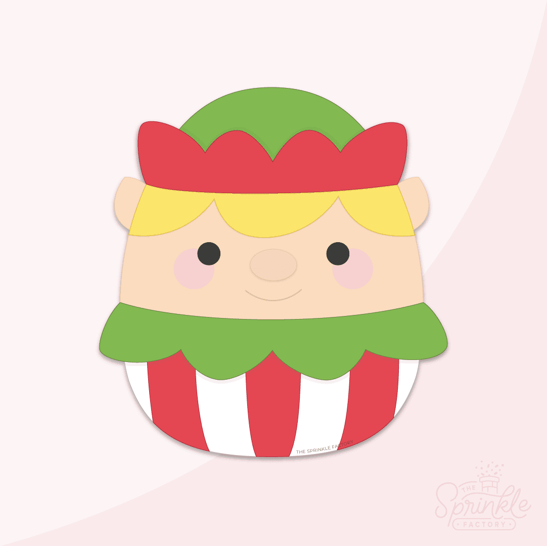 Clipart of a squishmallow shaped like an elf with a green and red hat, light skin with pink cheeks and green collar and red and white striped bottom and blonde hair.