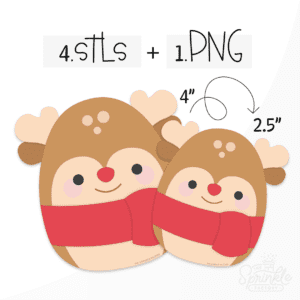 Clipart of a brown squishmallow reindeer with antlers and a red nose wearing a red scarf.