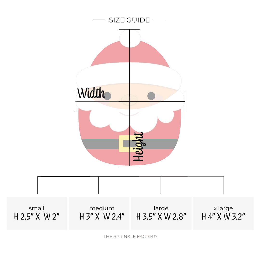 Clipart of a squishmallow santa clause with size guide.